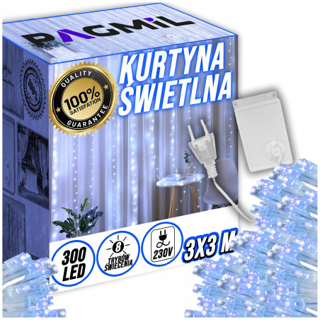 DUŻA KURTYNA ŚWIETLNA 3X3m GĘSTE ŚWIATEŁKA LED NA WESELE BIAŁE ZIMNE 230V